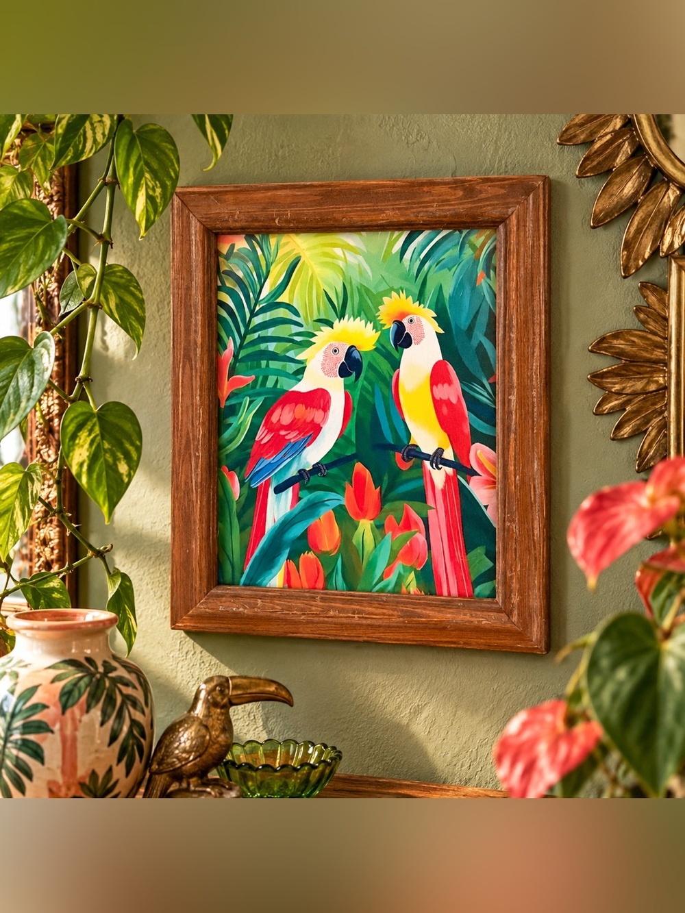 Parrot Tropical Cockatoo Wall Art Vintage Wood Frame Boho Jungle Decor 10x12”